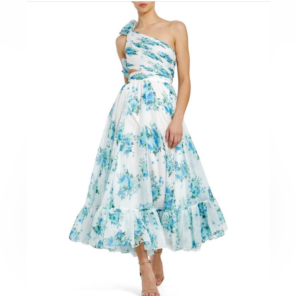 Ieena Mac Duggal Floral Print One Shoulder Midi Dress Size 4 Women Ruffle Cutout